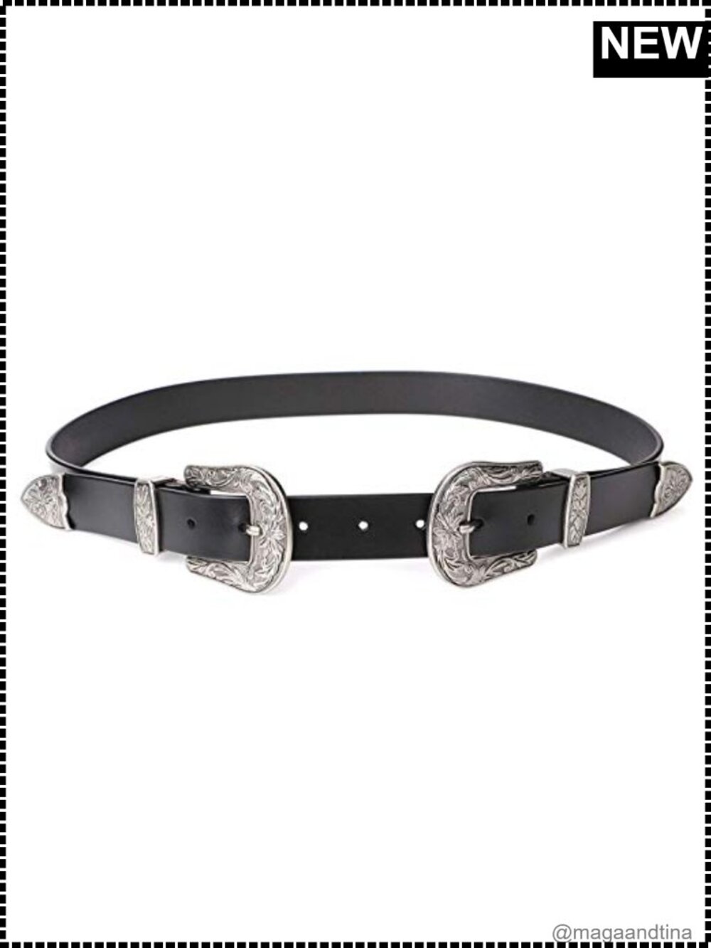 Double Buckle Western Belt Faux Leather Vintage Gold Silver Waist Belt